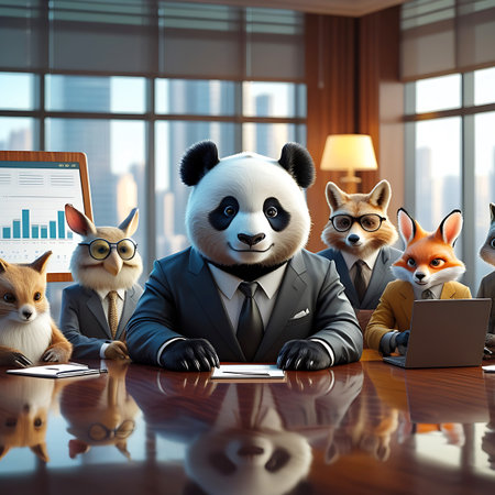 A group of anthropomorphic animals, including a panda, fox, rabbit, and owl, are seated around a conference table in a modern office. They are all dressed in business suits and appear to be engaged in a strategic meeting. A presentation board with charts is visible, and a cityscape can be seen through the large windows.の素材