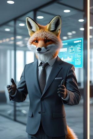 An anthropomorphic fox wearing a grey business suit and tie stands in a modern office. The fox is gesturing with both hands, one thumb up and one thumb down, as if making a decision or presenting options. Behind the fox, a glowing blue digital display shows various charts and graphs, suggesting data analysis or a business presentation. The office environment features glass walls and blurred background elements, creating a sophisticated and professional atmosphere.の素材