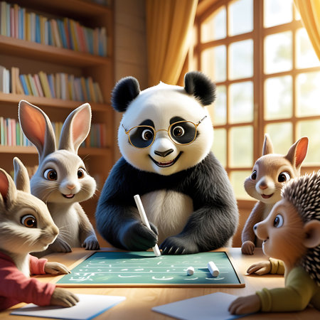 A charming cartoon panda wearing glasses holds a chalk and writes on a green blackboard, surrounded by a group of attentive young animals including rabbits and a hedgehog. They are gathered around a wooden desk in a cozy classroom setting with bookshelves filled with colorful books and a large window in the background. The scene evokes a sense of learning and friendship.の素材