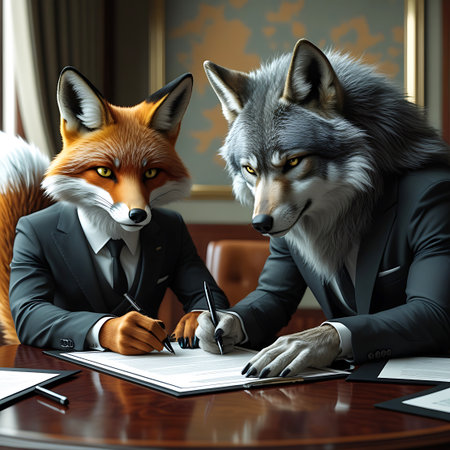 A fox and a wolf, both anthropomorphic and wearing formal business suits and ties, are seated at a polished wooden table. They are both actively signing documents with pens, suggesting a business meeting or the finalization of a contract. The background features a blurred office setting with curtains and a framed picture.の素材