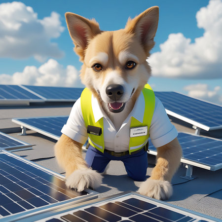 An anthropomorphic dog, resembling a corgi mix, wearing a white shirt, blue pants, and a bright yellow safety vest, kneels on a rooftop surrounded by solar panels. The dog has a friendly expression and is looking directly at the camera. The sky above is blue with fluffy white clouds, indicating a clear day. The scene suggests themes of renewable energy and installation work.の素材
