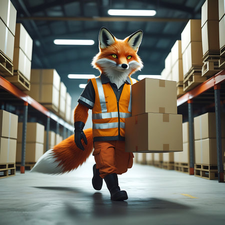 An anthropomorphic fox, dressed in a grey shirt, orange safety vest with reflective stripes, orange work pants, black gloves, and black boots, walks through a warehouse. The fox is carrying two stacked cardboard boxes. The warehouse is filled with tall shelves and racks, stacked with numerous cardboard boxes, indicating a busy storage and distribution environment. The lighting is industrial, with overhead lights illuminating the scene.の素材