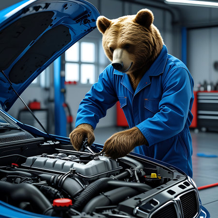 A brown bear wearing blue mechanic coveralls is focused on repairing a car engine. The bear is holding a wrench and working on the engine components. The scene is set in a brightly lit automotive workshop with tools and equipment visible in the background.の素材