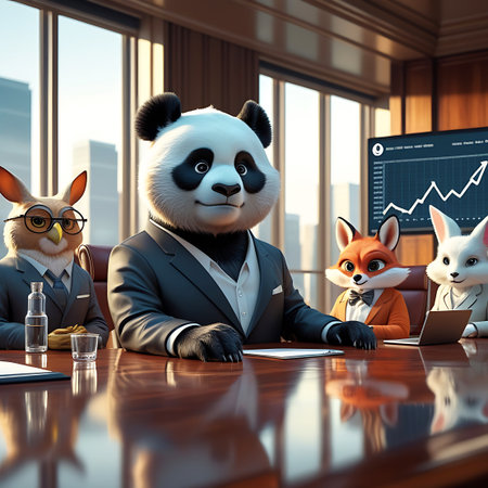 A group of anthropomorphic animals, including a panda, fox, owl, and rabbit, are seated around a polished wooden conference table in a modern office boardroom. They are all dressed in business suits and appear to be engaged in a meeting. A presentation chart is displayed on a screen in the background.の素材