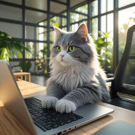 An endearing grey cat with luminous green eyes is positioned in front of a laptop on a wooden desk. The cat's paws are on the keyboard, suggesting it is engaged in work. The background is a modern office with ample natural light filtering through windows, illuminating the scene.の素材