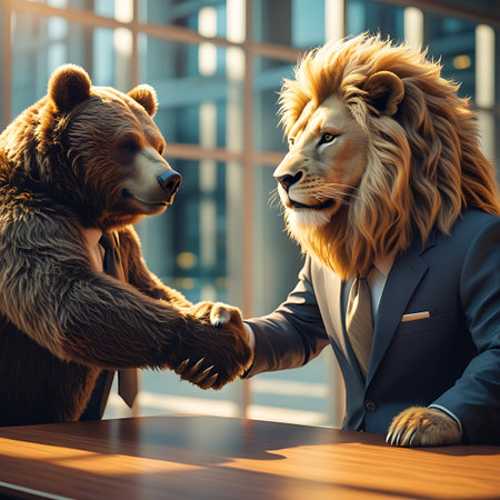 A brown bear wearing a dark suit and tie shakes hands with a lion with a golden mane, also in a suit and tie. They are seated at a wooden table in a modern office with large windows offering a view of a city skyline. The scene suggests a business meeting, negotiation, or partnership agreement between these two powerful animal figures.の素材