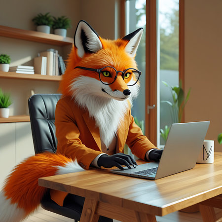 An anthropomorphic fox with bright orange fur, wearing glasses and an orange suit jacket, sits at a wooden desk and types on a silver laptop. The fox has a fluffy white chest and a long, bushy tail. The office setting includes a bookshelf with plants, a window with natural light, and a black office chair. A white mug sits on the desk.の素材