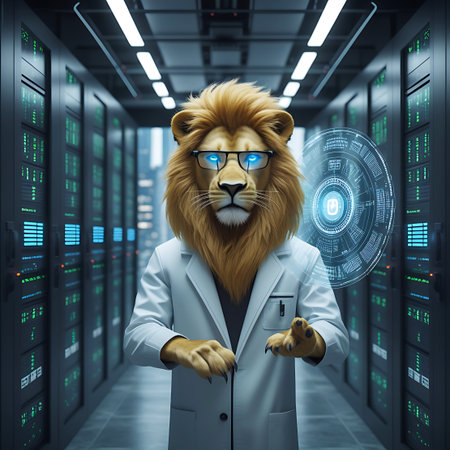 An anthropomorphic lion wearing a white lab coat and blue-rimmed glasses stands in a server room. The lion's head is realistic, with a full mane. It is interacting with a glowing blue holographic display that shows complex data and circular patterns. The background consists of rows of server racks with illuminated green lights, creating a futuristic and technological atmosphere.の素材