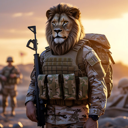 An anthropomorphic lion wearing military tactical gear, including a vest and backpack, stands in a desert landscape at sunset. The lion holds a rifle and appears to be on patrol or in a combat situation. Other soldiers are blurred in the background.の素材