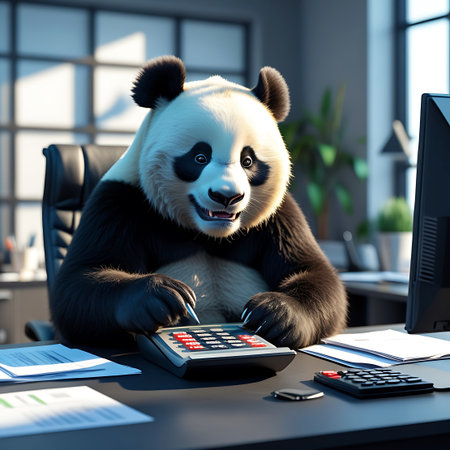 A fluffy panda bear wearing a black shirt sits at a desk in an office setting, intently using a calculator. The panda's paws are positioned over the calculator's buttons, suggesting it is performing calculations. Papers and a computer monitor are visible on the desk, along with another calculator. The background shows office furniture and windows with a cityscape view.の素材