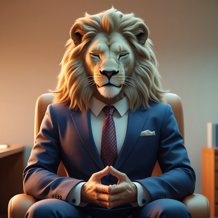 An anthropomorphic lion with a majestic mane sits in a brown leather executive chair in an office. The lion wears a dark blue suit, a patterned tie, and a white pocket square. Its eyes are closed, and its hands are clasped in a meditative pose. The background is a softly lit office with warm tones, suggesting a calm and contemplative atmosphere.の素材