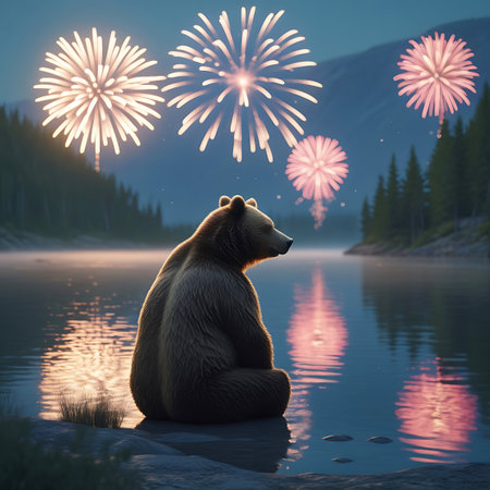 A brown bear sits on a rocky shore, looking out at a dazzling fireworks display over a calm lake. The scene is bathed in the soft light of twilight, with a gentle mist rising from the water, adding an atmospheric quality. The colorful bursts are reflected in the water, and a dark pine forest borders the lake.の素材