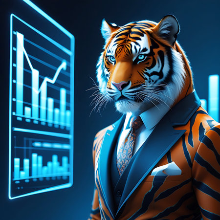An anthropomorphic tiger with a realistic head and a human body is depicted wearing a business suit and tie. The tiger is standing in front of a large, glowing blue digital screen displaying complex financial graphs and bar charts. The tiger's expression is focused and serious, suggesting deep concentration on the data. The background is dark and abstract, emphasizing the glowing screen and the tiger's attire. The image blends animalistic power with corporate analysis and technological...の素材