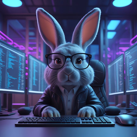 A gray anthropomorphic rabbit wearing glasses and a dark jacket is positioned at a desk with several computer monitors. The rabbit's paws are on a keyboard, and a computer mouse is visible. The screens display code and data, illuminated by the ambient purple and blue neon lights of the room. The scene suggests a focused individual working in a technology-driven environment.の素材