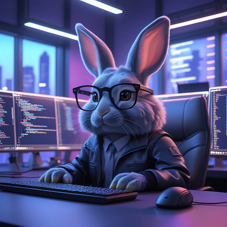A gray anthropomorphic rabbit wearing glasses and a dark jacket sits at a desk in front of multiple computer monitors displaying code. The room is dimly lit with neon purple and blue lights, suggesting a futuristic or tech-focused environment. The rabbit's paws are on a keyboard, and a computer mouse is visible. The overall scene depicts a character engaged in programming or software development.の素材