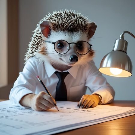 An anthropomorphic hedgehog wearing round glasses and a white collared shirt with a black tie is seated at a wooden desk, diligently drawing on a large blueprint with a pencil. A metallic desk lamp casts a warm glow on the workspace, highlighting the intricate lines of the architectural plans.の素材