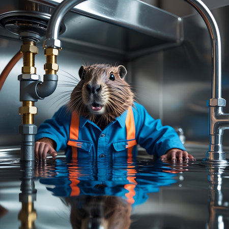 A cartoon beaver, dressed as a plumber in blue overalls and a blue shirt, is partially submerged in a sink filled with water. The beaver is surrounded by plumbing pipes and fixtures. The water reflects the beaver and the surrounding pipes, emphasizing the flooded condition of the sink.の素材