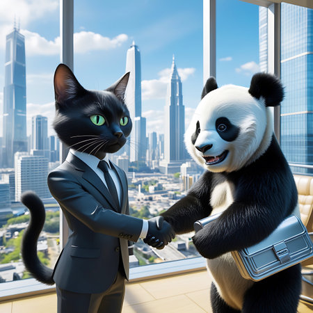 A close-up view of a black cat and a panda, both anthropomorphic and wearing business suits and ties, shaking hands. Each holds a silver briefcase. They are positioned in front of a large window that reveals a panoramic view of a bustling city with tall skyscrapers. The focus is on the interaction and the business context.の素材