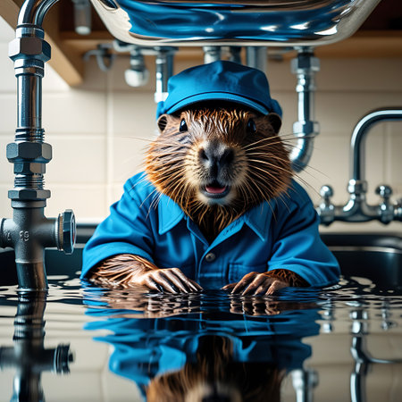 A cartoon beaver, depicted as a plumber wearing a blue cap, blue shirt, and blue overalls, is shown in a sink filled with water. The beaver's head and upper body are visible above the water, with its hands resting on the edge of the sink. The scene is characterized by the presence of plumbing pipes and the reflection of the beaver and pipes in the water.の素材