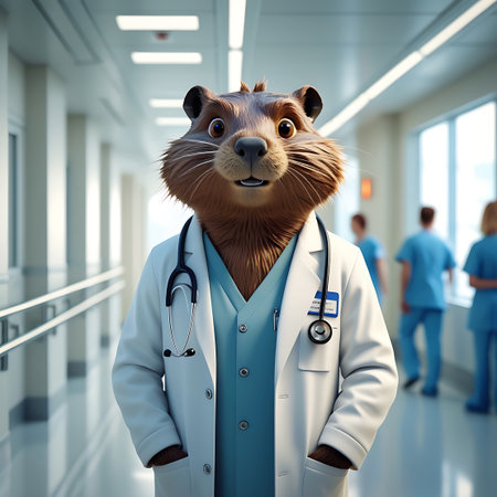 A beaver dressed as a doctor, wearing a white lab coat over light blue scrubs and a stethoscope around its neck, stands in a brightly lit hospital hallway. The beaver has a friendly expression. In the blurred background, other medical personnel in blue scrubs are visible.の素材