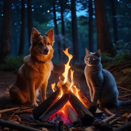 A golden dog and a grey cat are seated on the forest floor beside a burning campfire. Wisps of smoke rise from the fire, mingling with the dark trees in the background. The fire's light illuminates the animals and the ground covered in dry leaves and twigs. The night sky is dark, with a few faint lights visible through the trees. The scene conveys a sense of quiet companionship in a natural setting.の素材