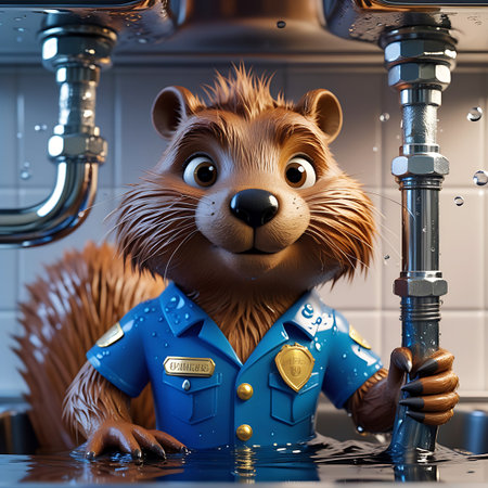 A cute, cartoon beaver wearing a blue plumber's uniform with a golden badge is shown in a sink filled with water. Water droplets are falling from overhead pipes into the sink. The beaver is partially submerged in the water, with its paws resting on the sink edge and a pipe. The metallic pipes and sink create reflections in the water. The beaver has a friendly and slightly surprised expression, adding to the whimsical nature of the scene.の素材