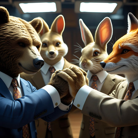 Four anthropomorphic animals, a bear, a fox, and two rabbits, are engaged in a business meeting. The bear and fox are shaking hands, symbolizing an agreement or partnership. All animals are dressed in formal business suits and ties. They are in an office or meeting room setting, with professional lighting. The scene suggests a business negotiation or the finalization of a deal.の素材