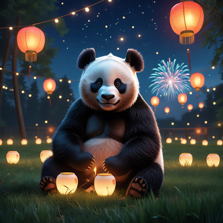 An endearing panda bear is sitting in a grassy field at night, with a backdrop of a starry sky and a vibrant firework display. The panda is holding two small, glowing lanterns in its paws, adding to the enchanting atmosphere. The scene is filled with numerous other lanterns, both overhead and on the ground, creating a warm and festive ambiance.の素材