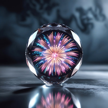 A clear, faceted crystal sphere sits on a dark, reflective surface, capturing a brilliant and colorful fireworks explosion within its depths. The fireworks display is a vibrant mix of blues, pinks, purples, yellows, and oranges, radiating outwards. The sphere's facets create intricate reflections and highlights, adding to the dramatic and abstract composition.の素材