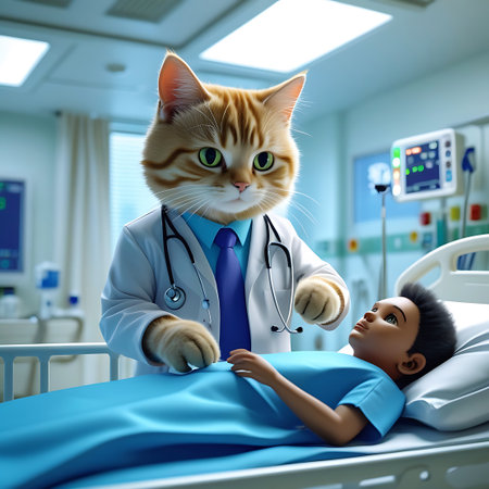 In a hospital room, a cat dressed as a doctor, complete with a white coat, blue shirt, purple tie, and stethoscope, is looking down at a young boy lying in a hospital bed. The boy is covered by a blue sheet. Medical monitors and other hospital equipment are visible in the background. The cat's paws are positioned as if it is performing an examination. The scene is whimsical and focuses on a child's healthcare experience.の素材