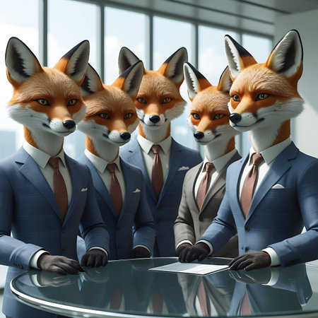 Five anthropomorphic foxes, all wearing business suits and ties, are gathered around a reflective table in a modern office. One fox is looking at a document or paper placed on the table, while the others are also focused on the table area. This scene depicts a business meeting, a contract review, or a collaborative planning session within a corporate environment.の素材