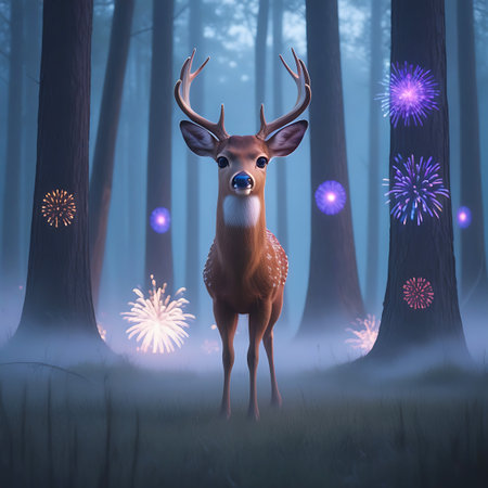 A majestic deer with impressive antlers stands in a dark, foggy forest. Colorful fireworks explode in the background, illuminating the trees and creating a magical, ethereal atmosphere. The scene blends wildlife with a festive, dreamlike quality, evoking a sense of wonder and enchantment.の素材