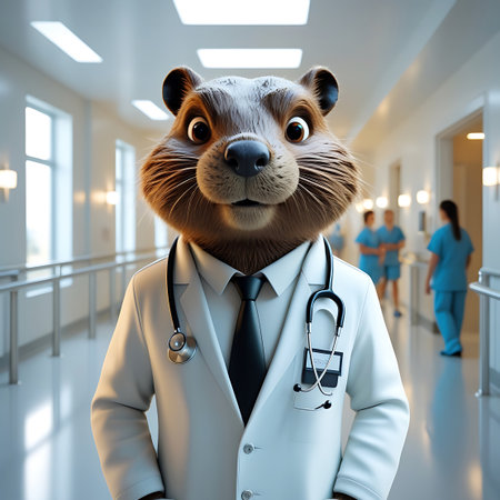 A cartoon beaver dressed as a doctor stands in a brightly lit hospital hallway. The beaver wears a white lab coat, a black tie, and a stethoscope draped around its neck. Its expression is curious and slightly surprised. In the background, blurred figures in blue scrubs walk down the corridor, suggesting a busy medical environment.の素材