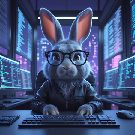 An anthropomorphic grey rabbit wearing black-rimmed glasses and a black leather jacket is seated at a computer desk, typing on a keyboard. The rabbit is surrounded by multiple glowing computer monitors displaying lines of code and data, set against a dark, futuristic, and slightly cyberpunk-themed environment with blue and purple neon lighting. A computer mouse is visible on the desk.の素材