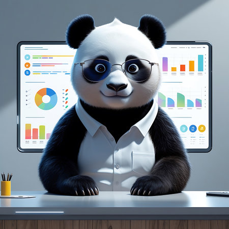 A close-up portrait of a panda character wearing glasses and a white shirt. The panda is looking forward with a friendly expression. Behind the panda is a large digital screen displaying various charts and graphs, including bar charts and a pie chart. The scene is set in an office environment with a desk in the foreground.の素材