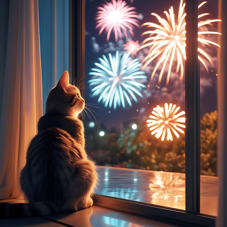 A fluffy tabby cat sits on a reflective surface, gazing out a window at a dazzling fireworks display in the night sky. The fireworks are a vibrant mix of pink, blue, orange, and yellow, with bright white bursts. Blurred lights and trees are visible in the background, creating a festive and magical atmosphere.の素材