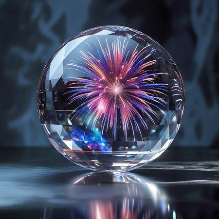 A faceted crystal sphere sits on a reflective surface, capturing a brilliant explosion of fireworks within its depths. The fireworks display features vibrant pink, purple, and blue bursts with radiating light trails. The sphere's geometric facets refract and reflect the colorful spectacle, creating a dazzling and intricate visual. The background is dark and softly blurred, emphasizing the illuminated sphere.の素材