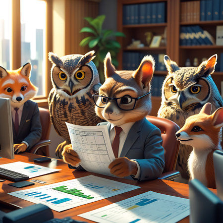 Analysis showing business animals in meeting analyzing financial reports and data keywords: animals, anthropomorphic, business, meeting, office, discussion, charts, graphs, reports, documents, computers, fox, owl, squirrel, collaboration, teamwork, strategy, planning, analysis, finance, corporate, professionals, executives, conference, room, wooden, table, modern, interior, cityscape, window, sunlight, intelligent, cute, cartoon, illustration, concept, teamwork, presentation, data, research,...の素材
