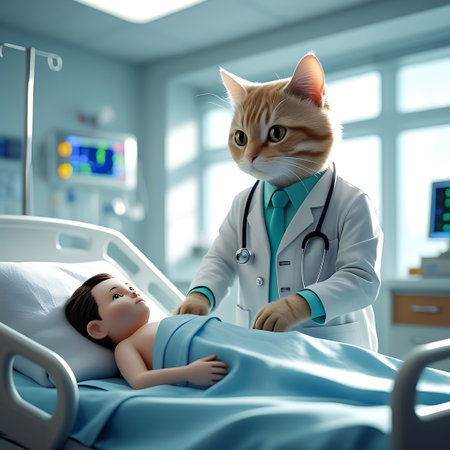 A cat wearing a white doctor's coat, a teal tie, and a stethoscope around its neck is examining a young boy lying in a hospital bed. The boy is covered with a blue blanket. The room is a brightly lit hospital setting with medical equipment visible in the background, including a monitor. The cat has a gentle expression, and its paws are placed on the boy's chest.の素材