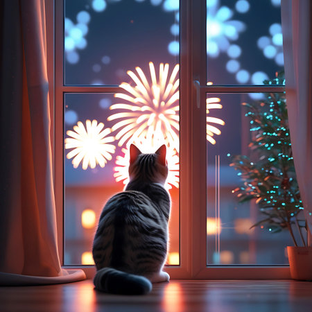 A tabby cat sits on a wooden floor, looking out a window at a vibrant fireworks display in the night sky. The fireworks are a mix of orange, yellow, and white, with a soft bokeh effect from distant lights. A small, decorated Christmas tree with blue lights is visible to the right, and soft curtains frame the left side of the window.の素材