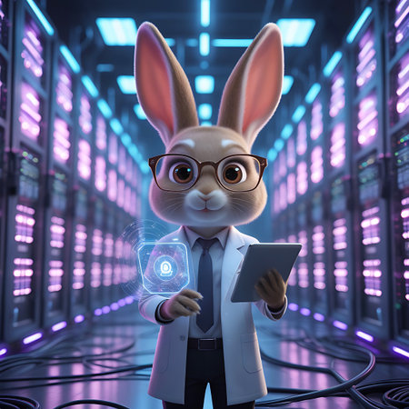 A cute cartoon rabbit wearing glasses and a lab coat stands in a futuristic server room. The rabbit holds a tablet and interacts with a holographic interface. The background is filled with rows of glowing purple and blue server racks and cables, suggesting a high-tech environment.の素材