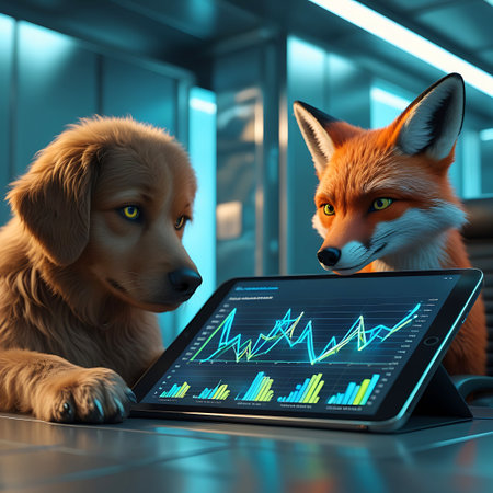 A golden retriever dog and a red fox are intently looking at a tablet displaying complex stock market charts and graphs. They are positioned in a modern, dimly lit office with blue-toned lighting. The animals appear to be collaborating or analyzing financial data, highlighting a whimsical take on business and technology.の素材