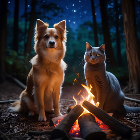 A dog and a cat are sitting side-by-side in a dark forest at night, illuminated by the warm glow of a campfire. The dog, a fluffy golden breed, sits to the left, while a sleek grey cat sits to the right. The campfire is made of logs and emits bright orange flames and embers. The background is a dark forest with tall trees, and the night sky above is visible with faint stars.の素材