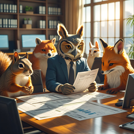 Analysis showing diverse animal team collaborating in a business meeting office setting keywords: animals, anthropomorphic, business, meeting, office, discussion, charts, graphs, reports, documents, computers, squirrel, owl, fox, rabbit, collaboration, teamwork, strategy, planning, analysis, finance, corporate, professionals, executives, conference, room, wooden, table, modern, interior, cityscape, window, sunlight, intelligent, cute, cartoon, illustration, concept, teamwork, presentation,...の素材