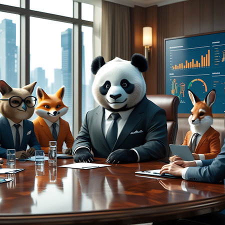 A diverse group of anthropomorphic animals, including a panda, fox, owl, and rabbit, are gathered around a large wooden conference table in a well-lit office boardroom. They are all wearing formal business attire and appear to be in a serious discussion or presentation. A large screen displays financial charts and graphs.の素材