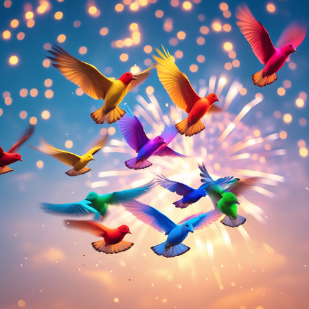 A lively flock of birds, depicted in a spectrum of vivid colors like red, yellow, orange, purple, blue, and green, takes flight against a backdrop of a festive firework display. Out-of-focus bokeh lights add a magical glow to the scene, enhancing the celebratory mood. The birds are captured in mid-flight, their wings outstretched, conveying a sense of freedom and joy.の素材