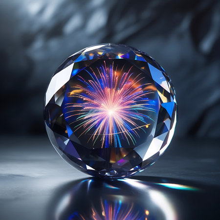A clear, faceted crystal sphere is presented on a dark, reflective surface. Inside the sphere, a vivid fireworks explosion is captured, showcasing a central bright light surrounded by radiating streaks of pink, blue, and purple. The crystal's many facets create complex reflections and refractions of the light, adding depth and sparkle to the image. The overall mood is celebratory and visually striking.の素材