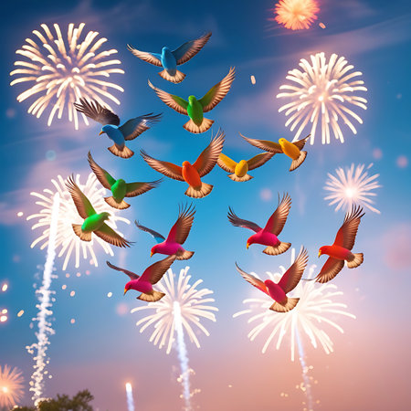 A vibrant flock of birds in various bright colors, including blue, green, orange, yellow, and pink, soar through a twilight sky. They are silhouetted against a dazzling display of white and yellow fireworks, creating a celebratory and magical atmosphere. The birds' wings are spread wide as they fly in different directions, adding a sense of movement and dynamism to the scene.の素材