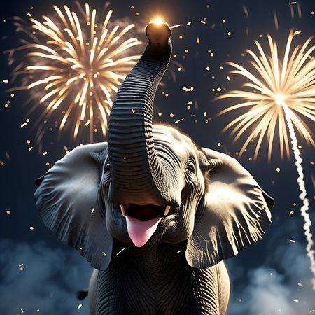 An elephant with its trunk raised and tongue playfully sticking out is the focus of this image, set against a backdrop of a brilliant golden fireworks show. The fireworks explode with intense light and scattered sparks, creating a lively and celebratory mood. The elephant's expression and posture convey a sense of joy and wonder.の素材