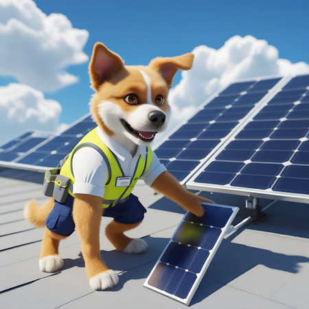 An anthropomorphic dog, similar to a corgi mix, dressed in a white shirt, blue shorts, and a yellow safety vest, is on a rooftop. The dog is holding a single solar panel with one paw, as if inspecting or installing it. It has a cheerful expression and is looking towards the side. The background shows more solar panels and a blue sky with clouds.の素材